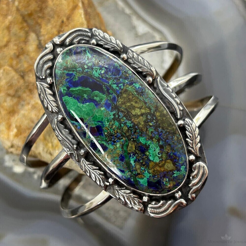 Sterling Southwestern Style Large Oval Azurite Malachite Bracelet For Women